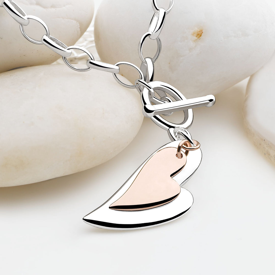 925 sterling silver heart with a second rose gold plated heart necklace (CHN10991)
