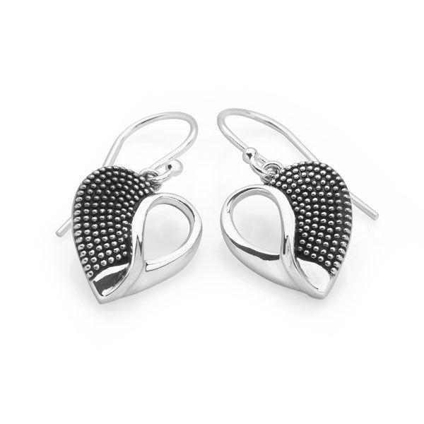 925 sterling silver heart with one half silver dots and half cut-out silver hook earrings (E39151)