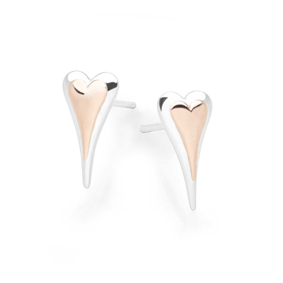 925 sterling silver elongated heart studs with middle heart of rose gold (E50901)