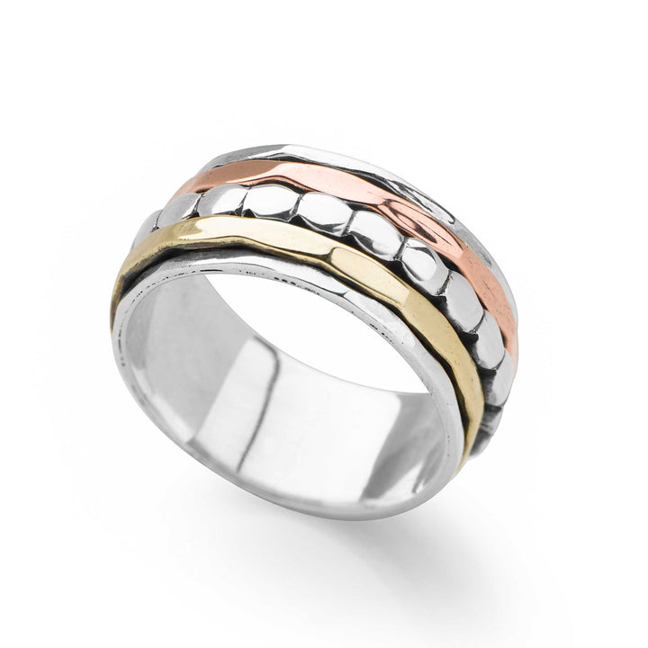 925 sterling silver spin ring with bands of silver, copper and brass plating. (R19931)