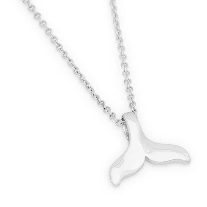 Whale tale shaped 925 sterling silver necklace displayed on white background