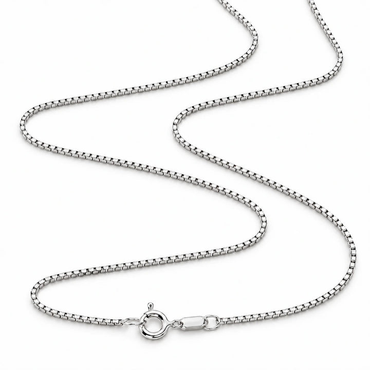 A silver-toned stainless steel box chain necklace with a lobster clasp, shown on a white background.