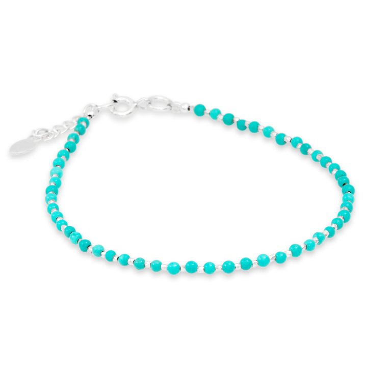 A bracelet with turquoise beads and silver accents, featuring an adjustable clasp.