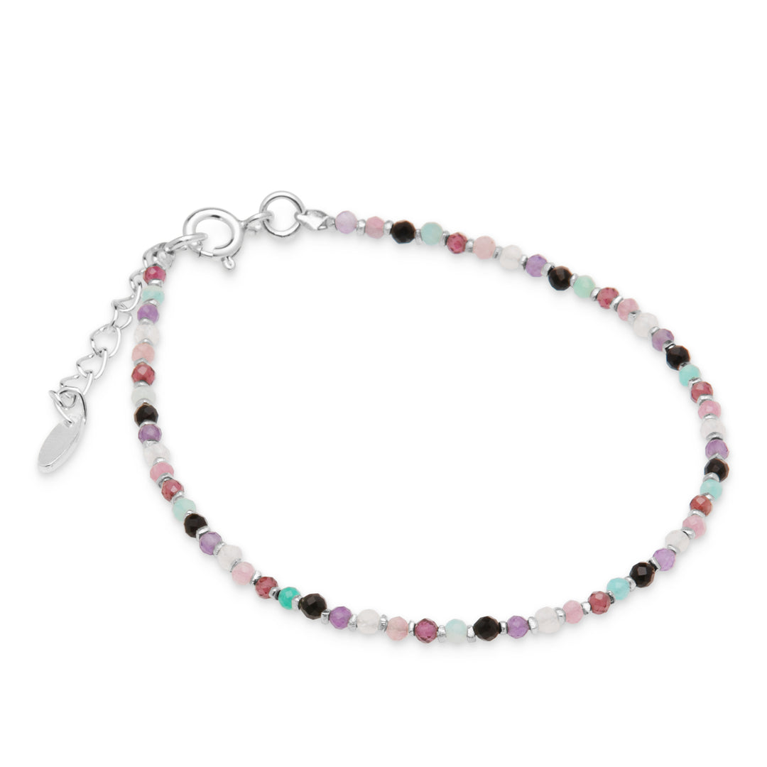 A colorful faceted stone and silver bead bracelet with an adjustable clasp on a white background.