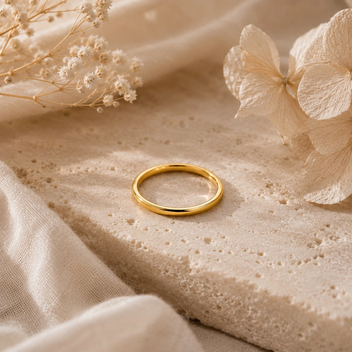 High quality 14k gold plated D-shaped band ring with smooth curved edges. Perfect for a sleek, promise ring, engagement ring or wedding band.