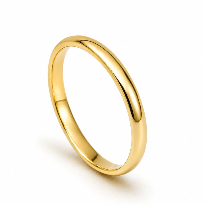 High quality 14k gold plated D-shaped band ring with smooth curved edges. Perfect for a sleek, promise ring, engagement ring or wedding band.