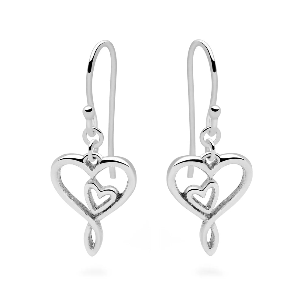 A pair of silver earrings designed with two hearts entwined together.