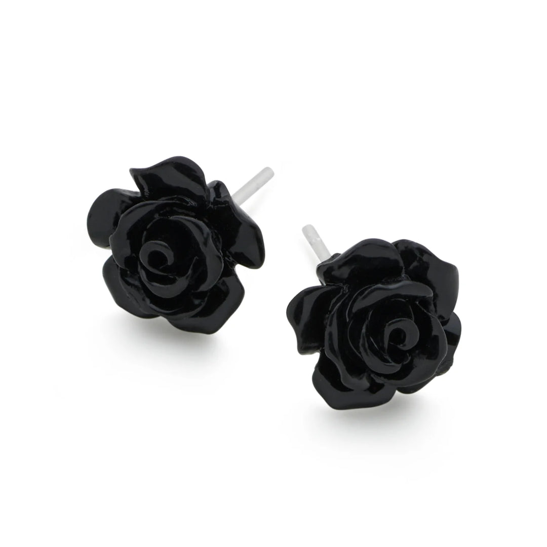 Black rose-shaped earrings on a white background