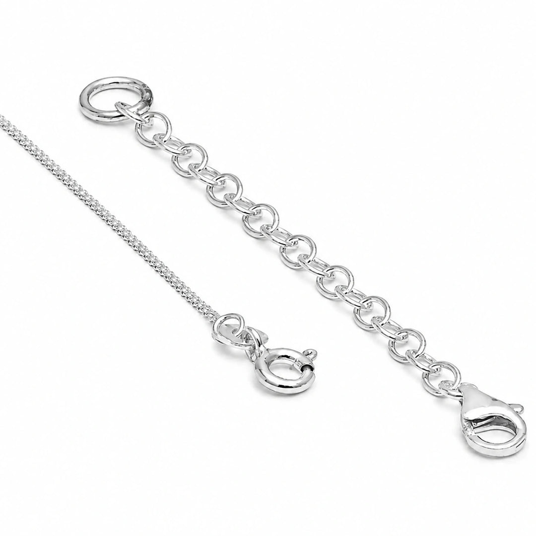 Silver chain extender link with lobster clasp and spring ring clasp on a white background.