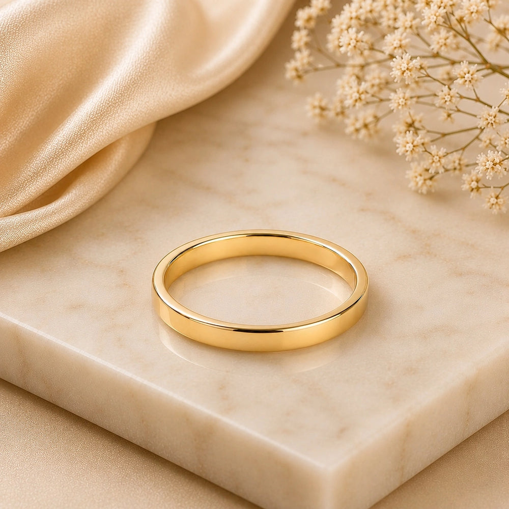 High quality 14k gold plated D-shaped band ring with smooth curved edges. Perfect for a sleek, promise ring, engagement ring or wedding band.