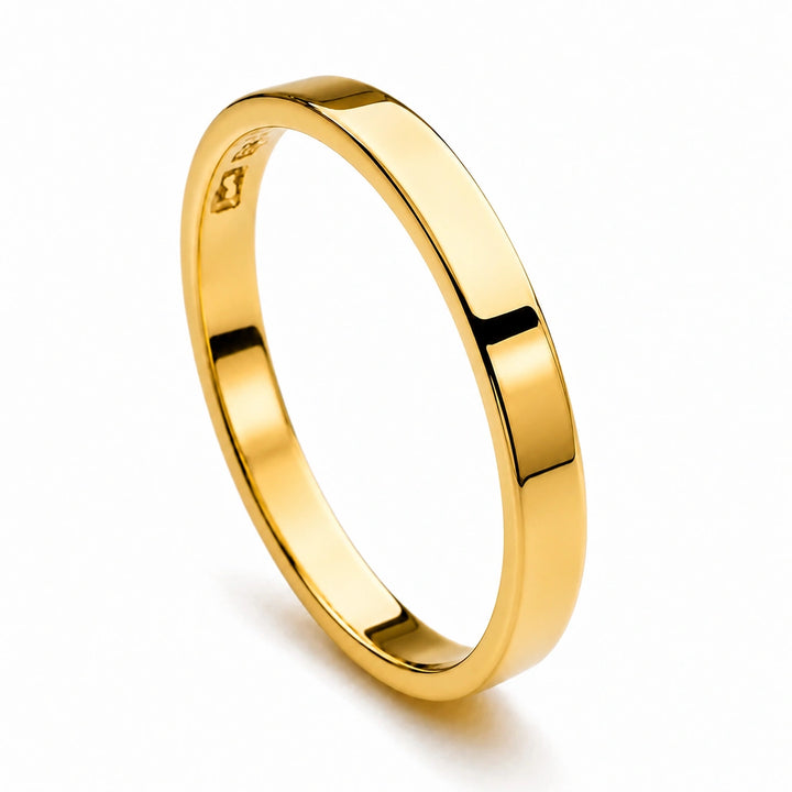 High quality 14k gold plated flat band ring with smooth curved edges. Perfect for a sleek, promise ring, engagement ring or wedding band.