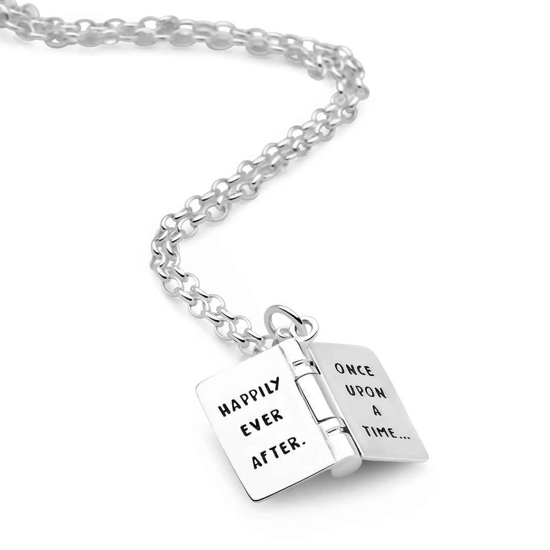 Silver necklace with book-shaped pendants on a white background