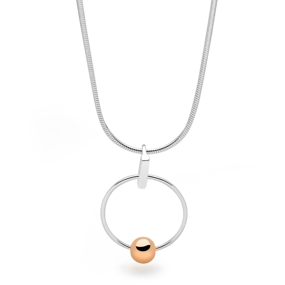 A silver pendant featuring a rose gold plated moon on a high polish finish, attached to a 40cm snake chain.