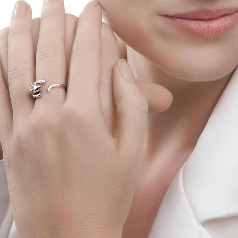 925 sterling silver cat wrap ring with black faceted eyes