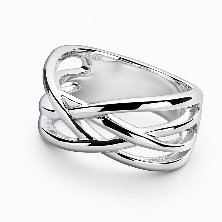 A wide sterling silver crossover ring with smooth, intertwined multi-strand lattice bands.
