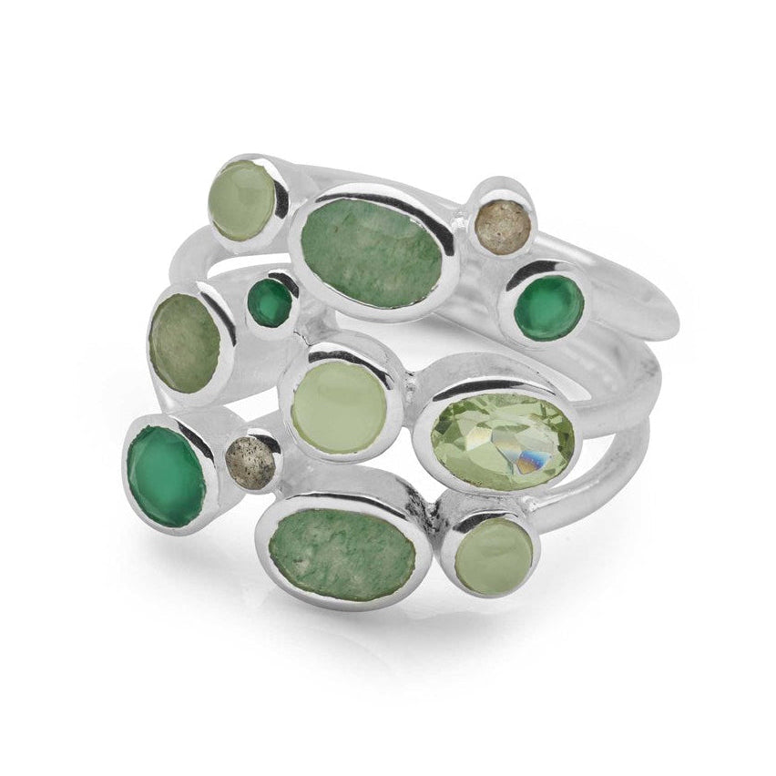 A sterling silver ring with multiple green gemstone accents, featuring a high polish finish.