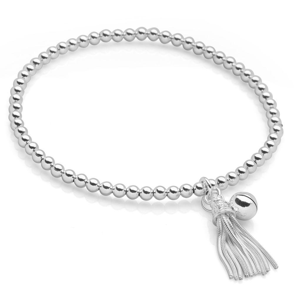 Miniature 925 sterling silver tassel and dainty silver bell with dazzling silver beads bracelet (BRC12001)