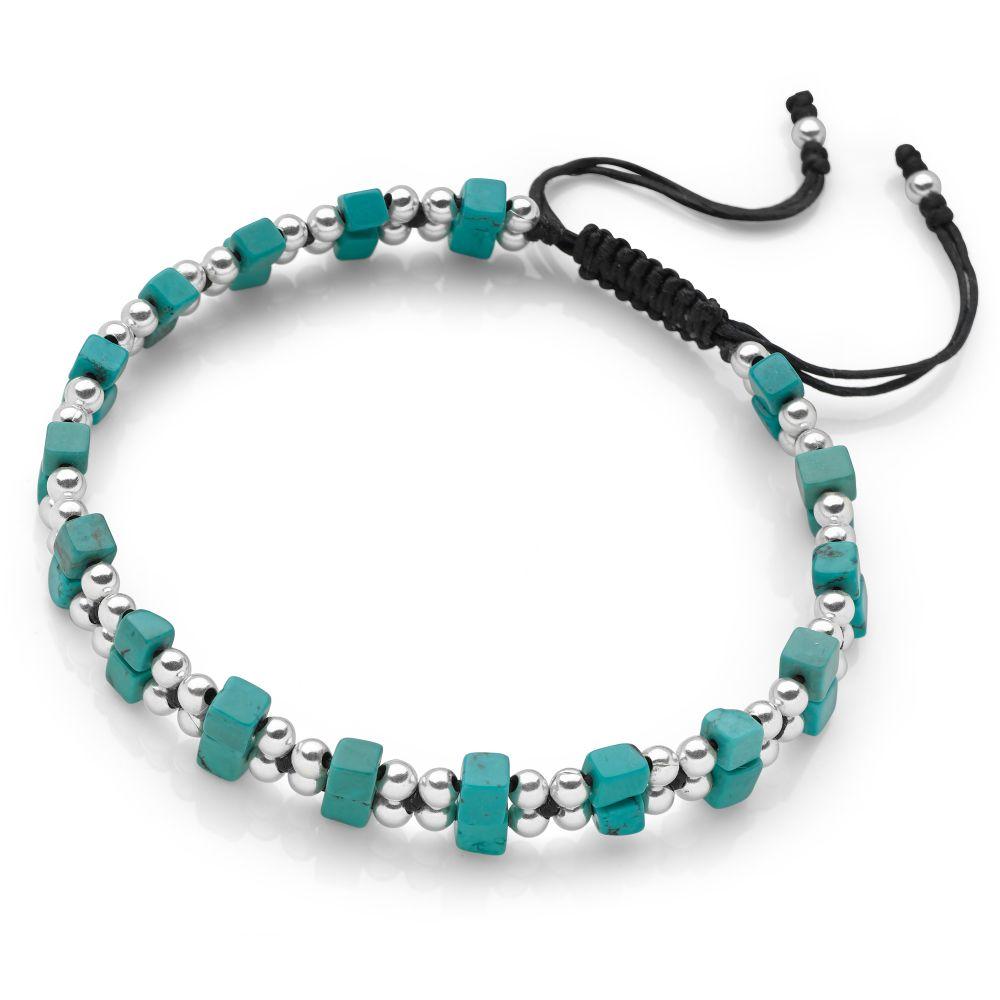 925 sterling silver beads mixed with howlite squares on a black corded adjustable bracelet (BRC13401)
