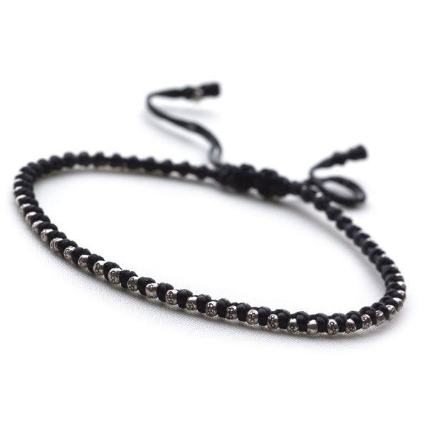 925 sterling silver adjustable bracelet with black cord & silver beads with circle detail (BRC7121)