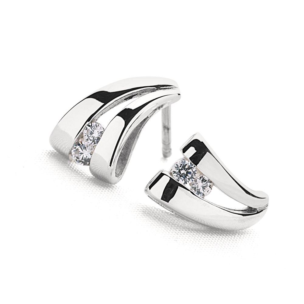 Double swoosh 925 sterling silver with cubic zirconia between earrings (E12901)