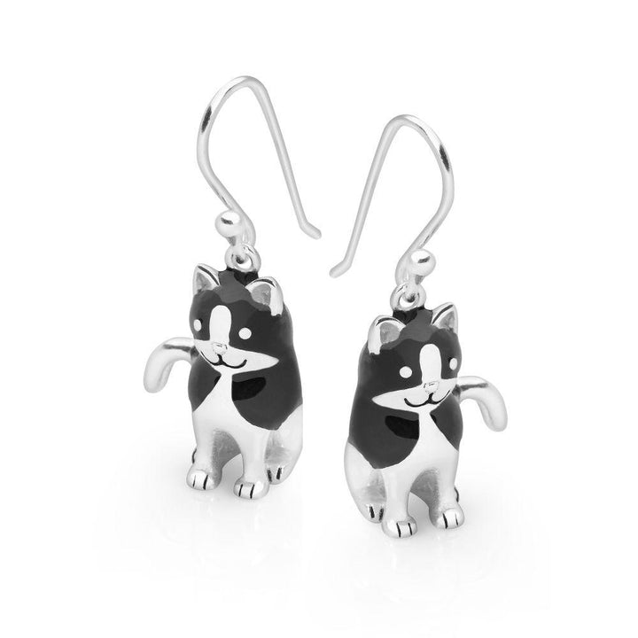 925 sterling silver kitty cat earrings with black enamel for a 'black & white' effect