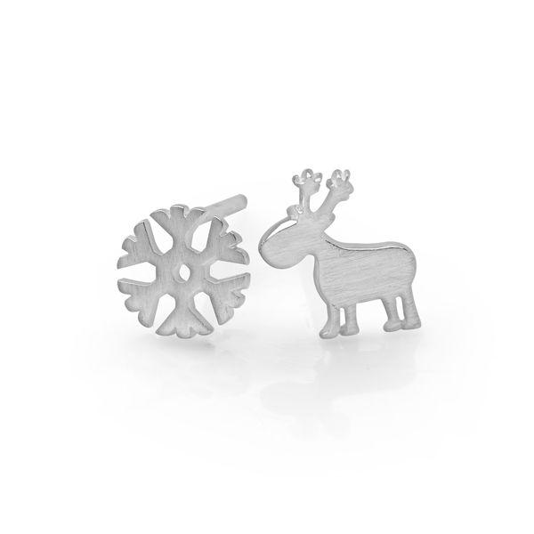 925 sterling silver, matte finish snowflake and reindeer stud earrings (E42291)