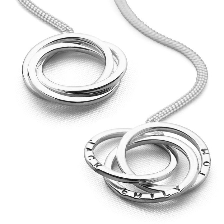 Three 925 sterling silver intertwined personalised rings pendant with curb chain (P22981)