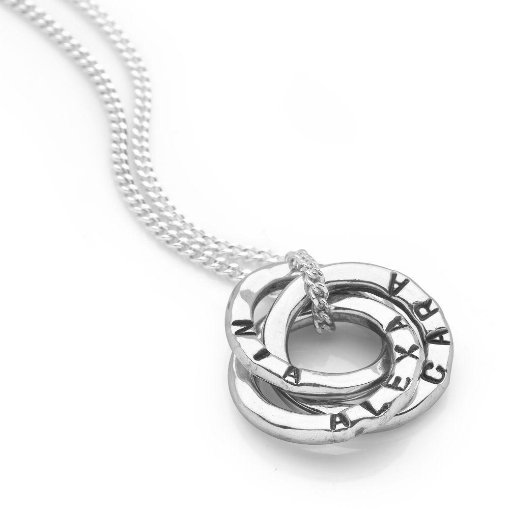 Three mini 925 sterling silver intertwined personalised rings pendant on a curb chain (P25091)
