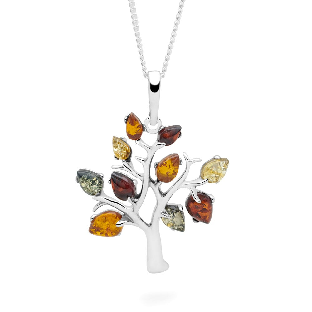 A silver pendant featuring a tree design with multiple amber stones in various shades of green, yellow, and orange, attached to a 40cm curb chain.