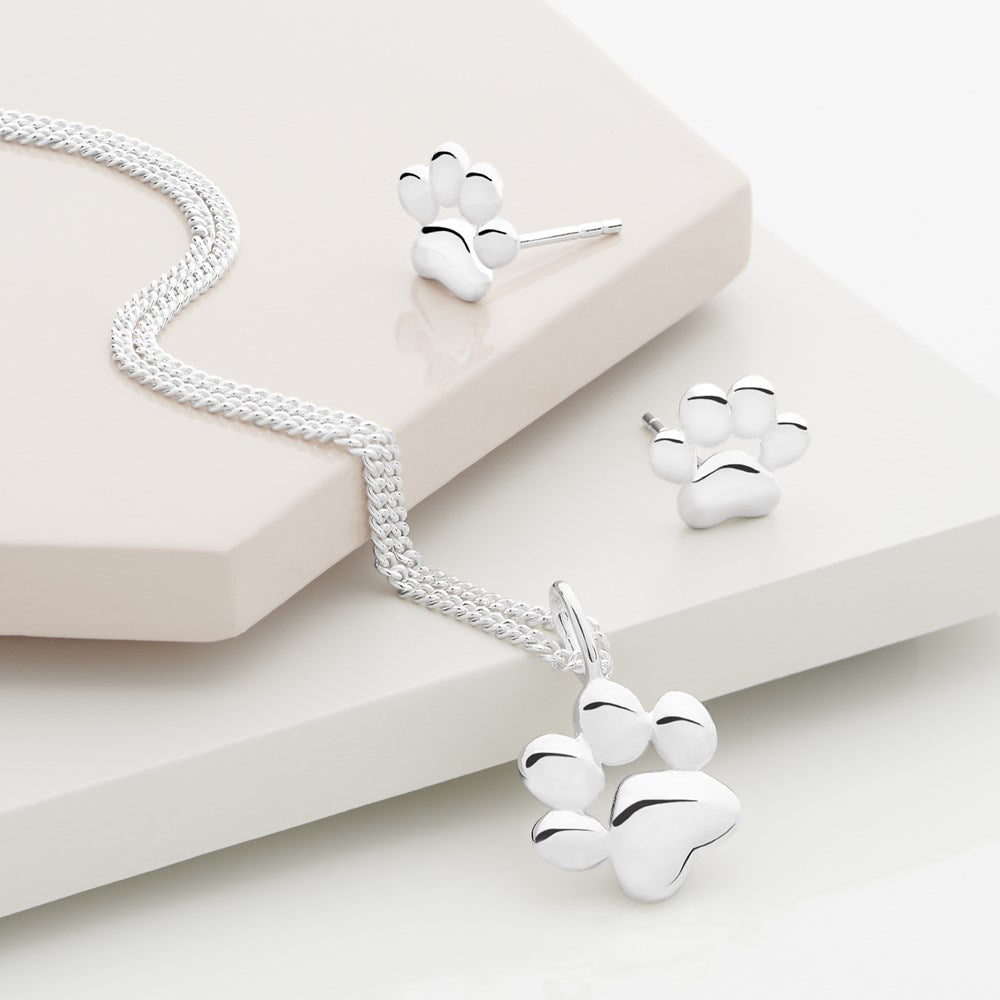 A silver pendant and earrings in the shape of a paw print attached to a curb chain.