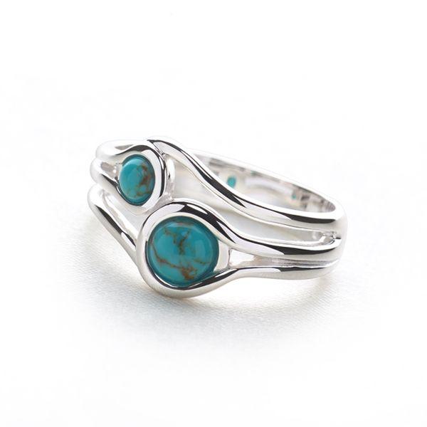 Double band of 925 sterling silver with 2 turquoise cabochons ring (R13341)