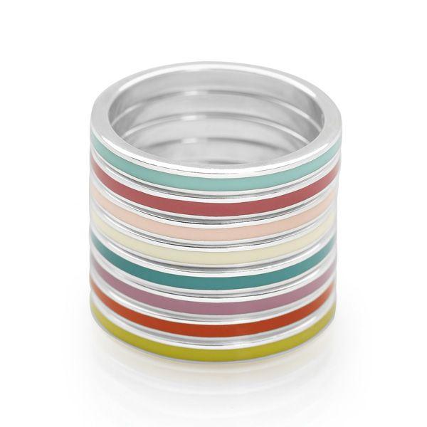 Stack of 925 sterling silver stack rings with coloured enamel middles.