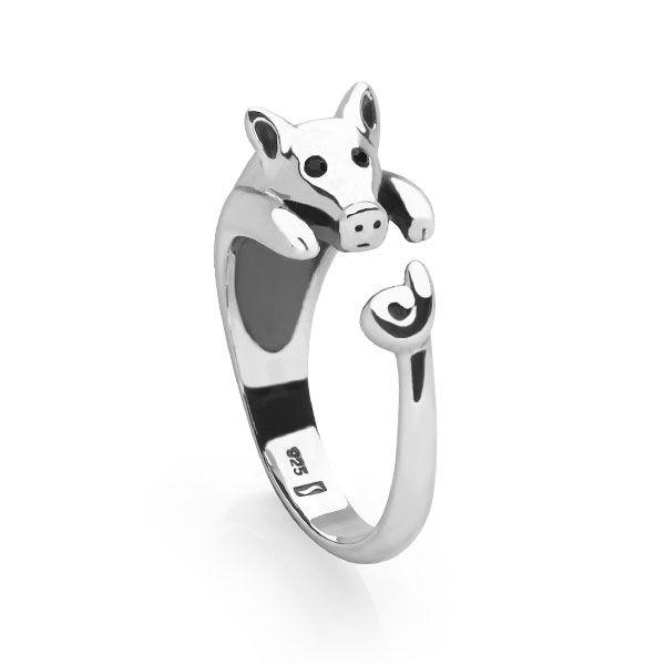 Front view of 925 sterling silver piggy wrap ring with faceted black glass eyes
