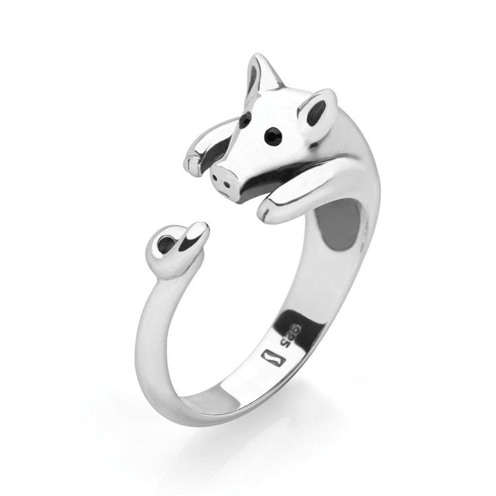 925 sterling silver piggy wrap ring with faceted black glass eyes