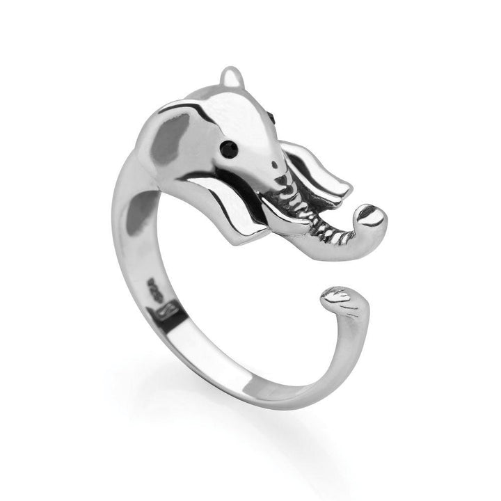 925 sterling silver elephant wrap ring with black faceted eyes