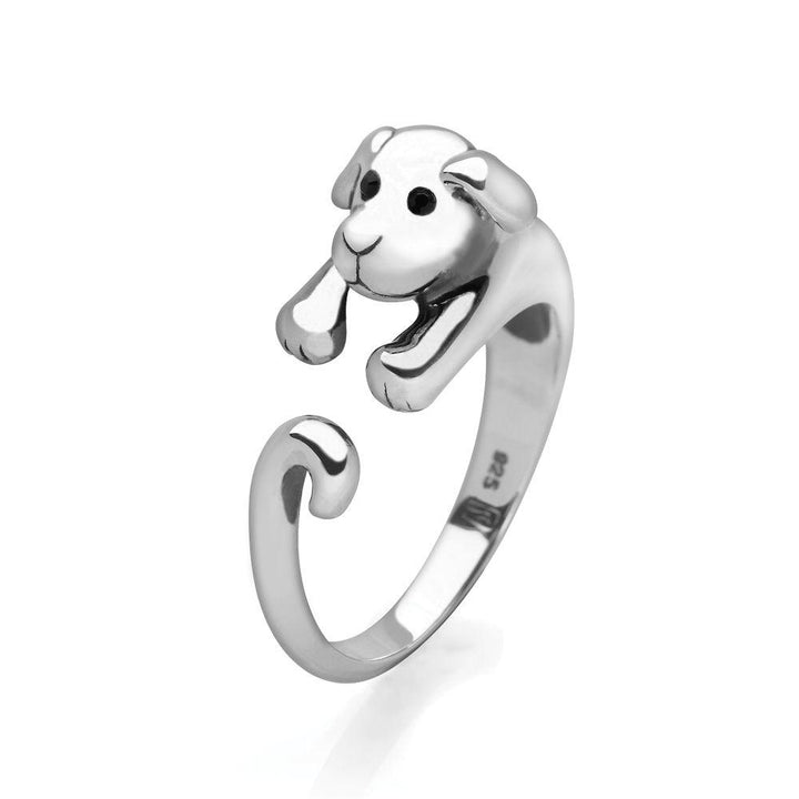 925 sterling silver doggy wrap ring with faceted black glass eyes