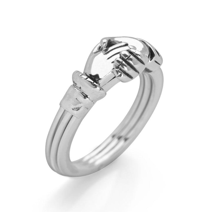 Closed view of 925 sterling silver triple band Claddagh style ring with hands that hide a gold plated heart inside (R18241)