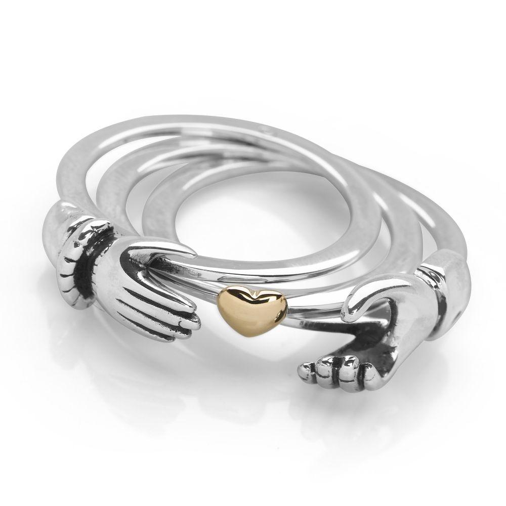 925 sterling silver triple band Claddagh style ring with hands that hide a gold plated heart inside (R18241)