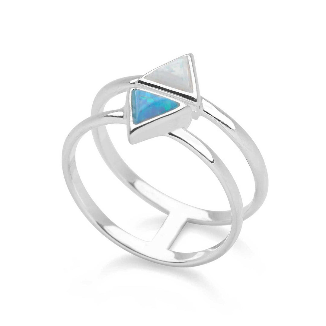 925 sterling silver double band with 2 synthetic blue & white opal triangles ring (R20531)