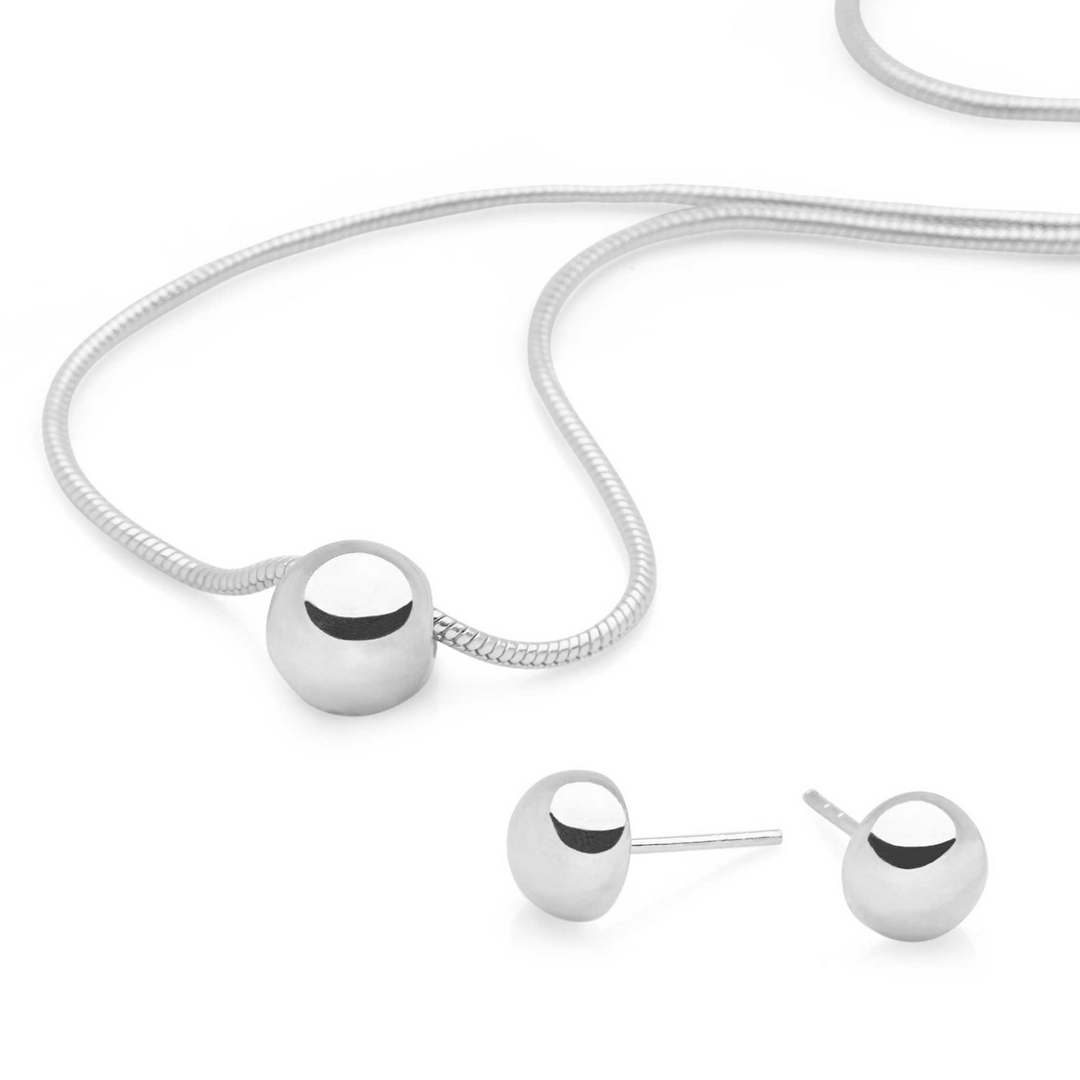 Glossy 925 sterling silver sphere pendant on silver snake chain & earring stud set